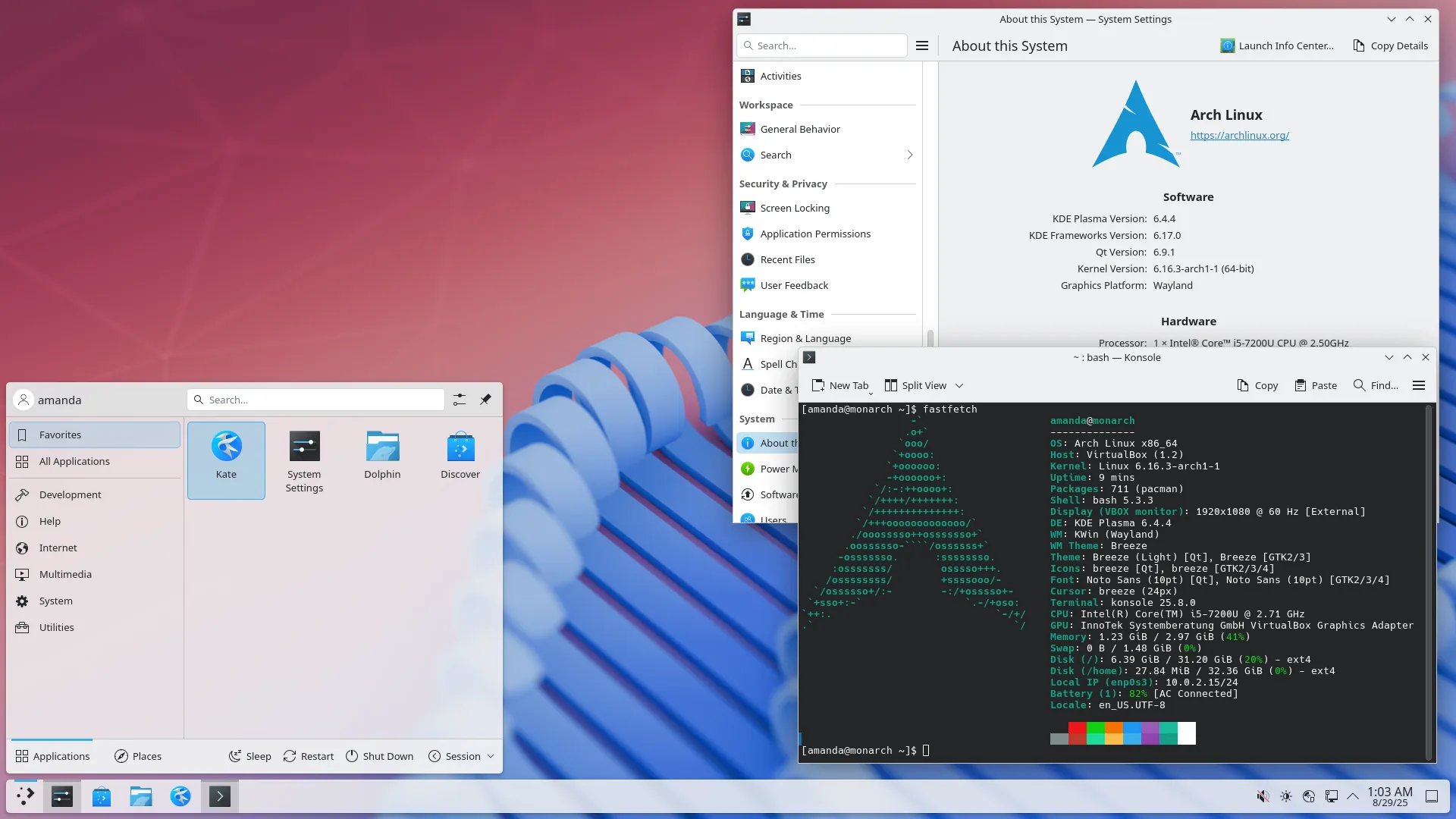 Arch Linux with KDE Plasma, the application menu and system information open.