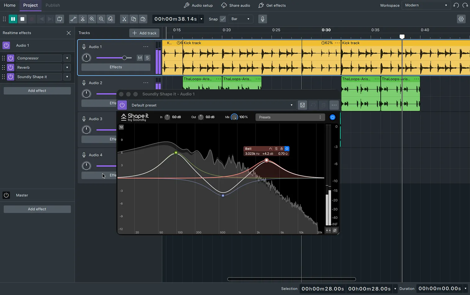 Audacity showing several audio tracks and an open audio effects plugin.