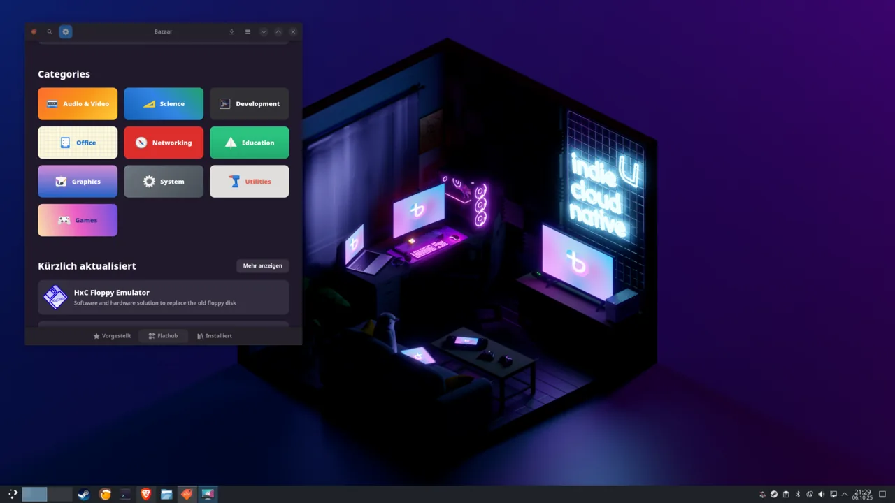 Bazzite KDE Plasma desktop with Bazaar open.