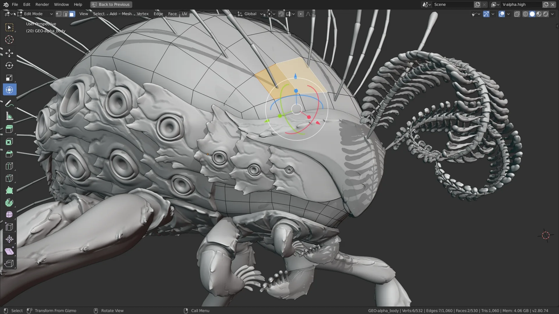 Blender showing a detailed 3D creature model with editable geometry and modelling tools.