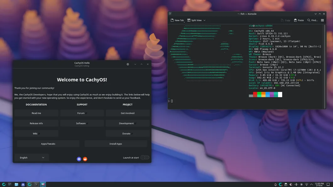 CachyOS KDE Plasma desktop with the welcome app and system information open.