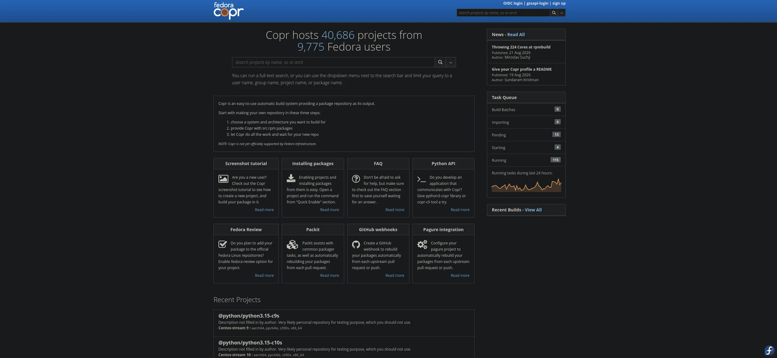 COPR homepage with project search, repository guides and recent projects.