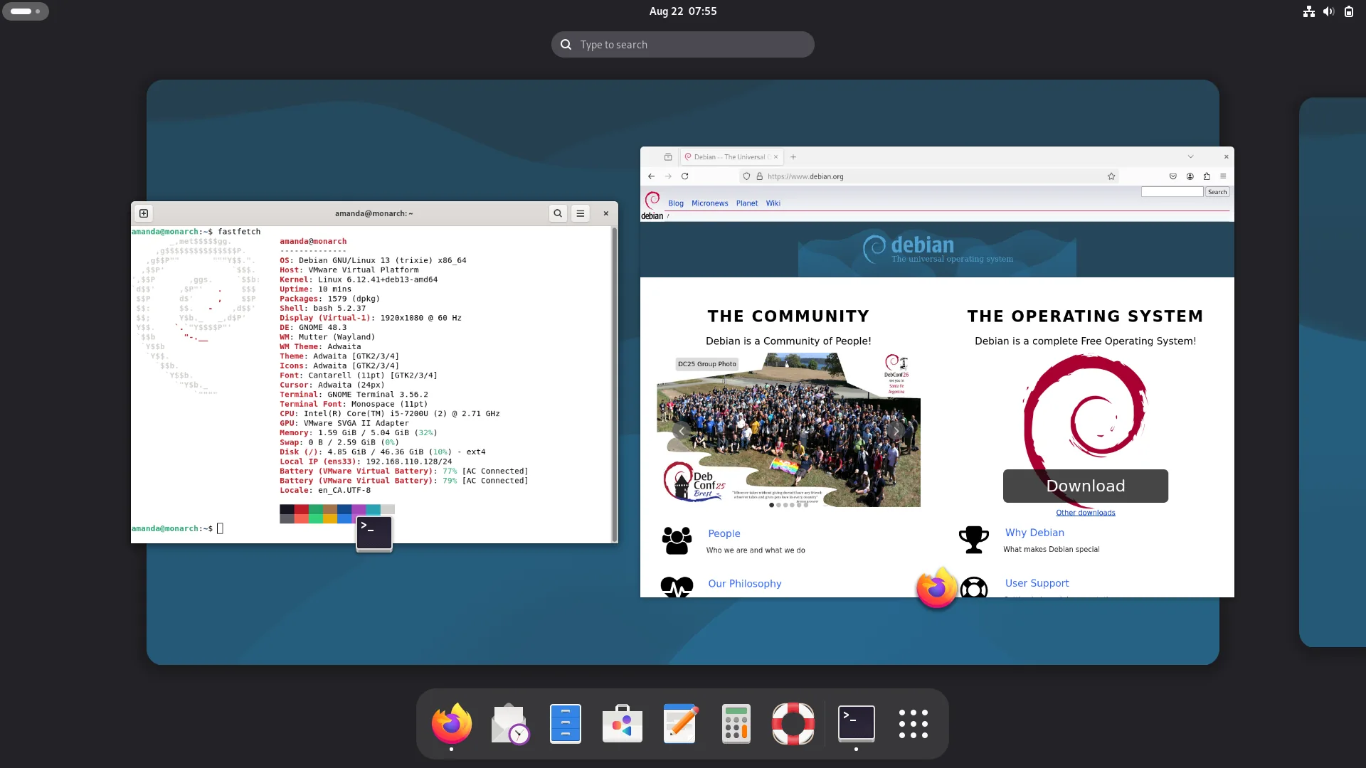 Debian GNOME desktop with a terminal and the Debian website open.