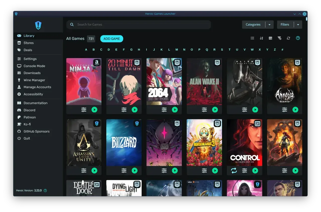 Heroic Games Launcher showing a library of games from different stores.