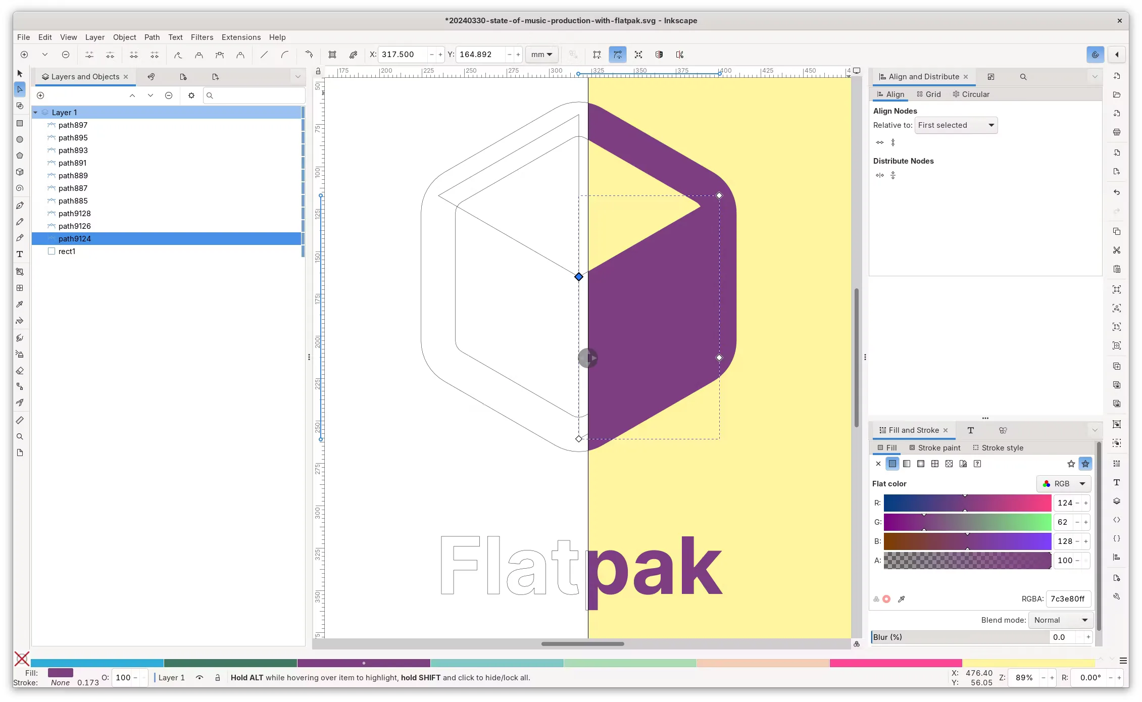 Inkscape editing a Flatpak graphic, with drawing paths, layers and colour controls visible.