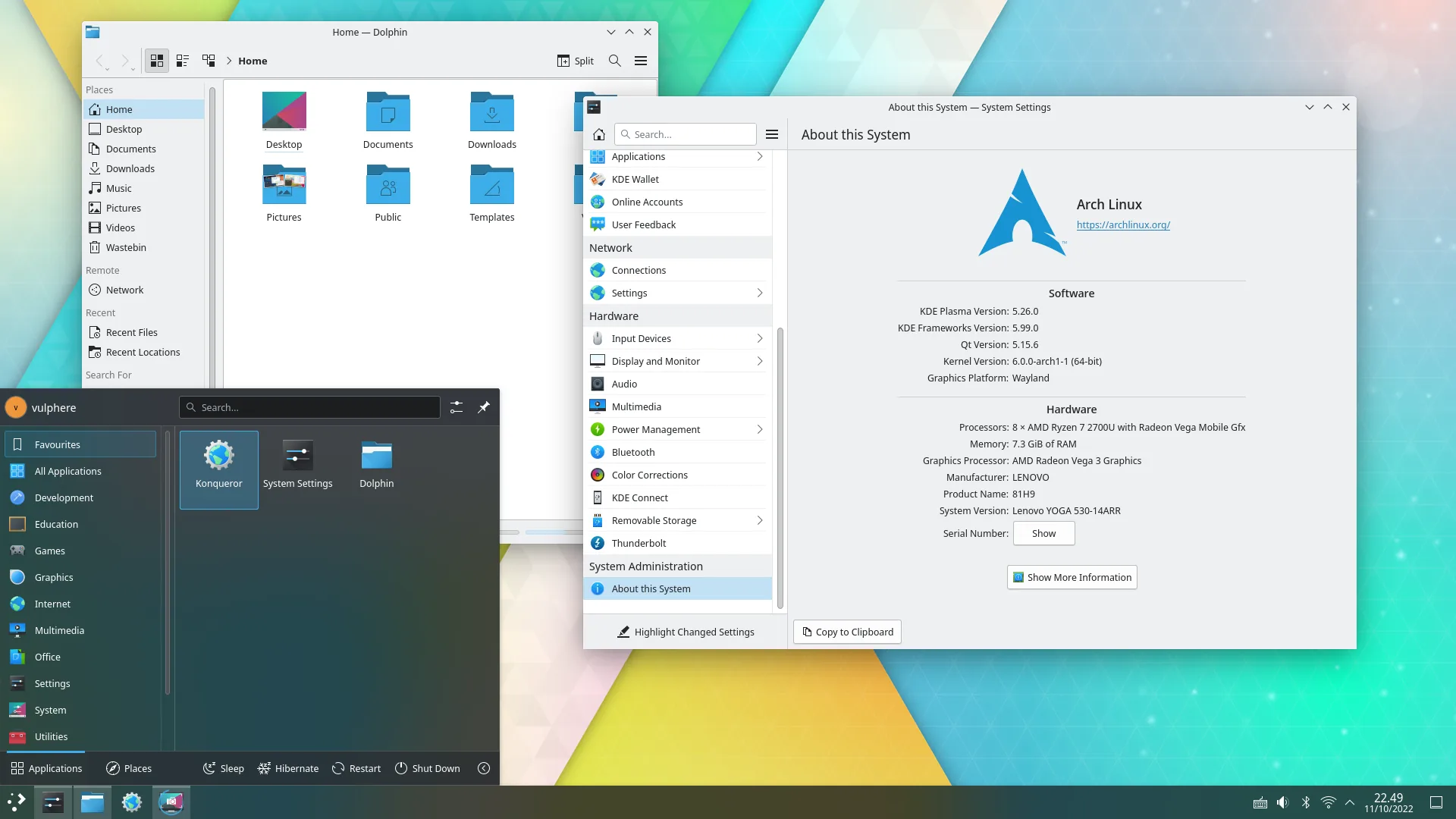 KDE Plasma on Arch Linux with the app menu, Dolphin file manager and System Settings open.