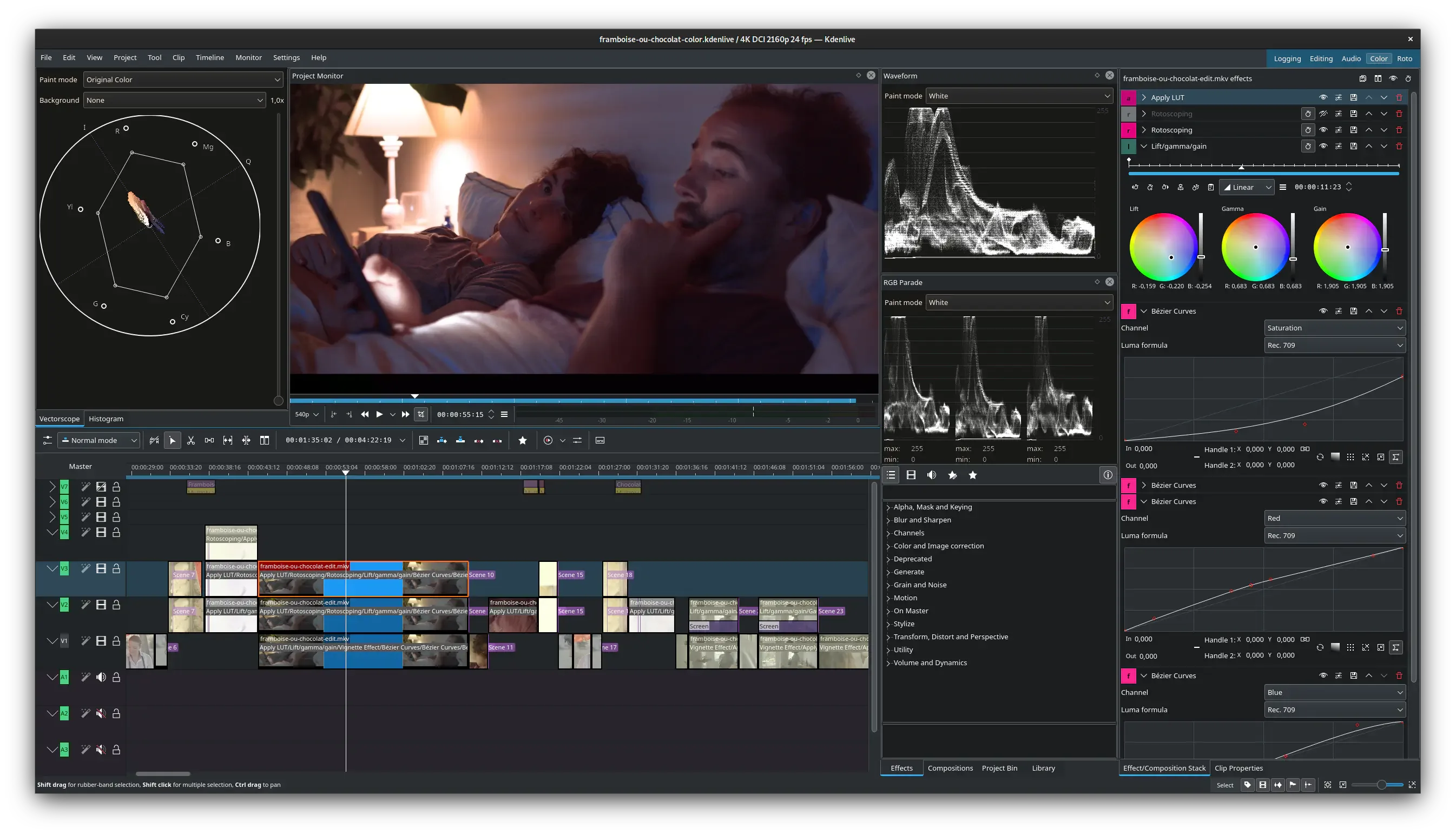 Kdenlive showing a video project with multiple tracks, a preview and colour adjustment tools.