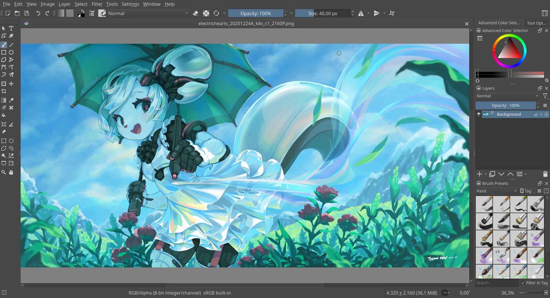 Krita displaying a colourful illustration by Tyson Tan, with brushes, layers and a colour selector beside the canvas.