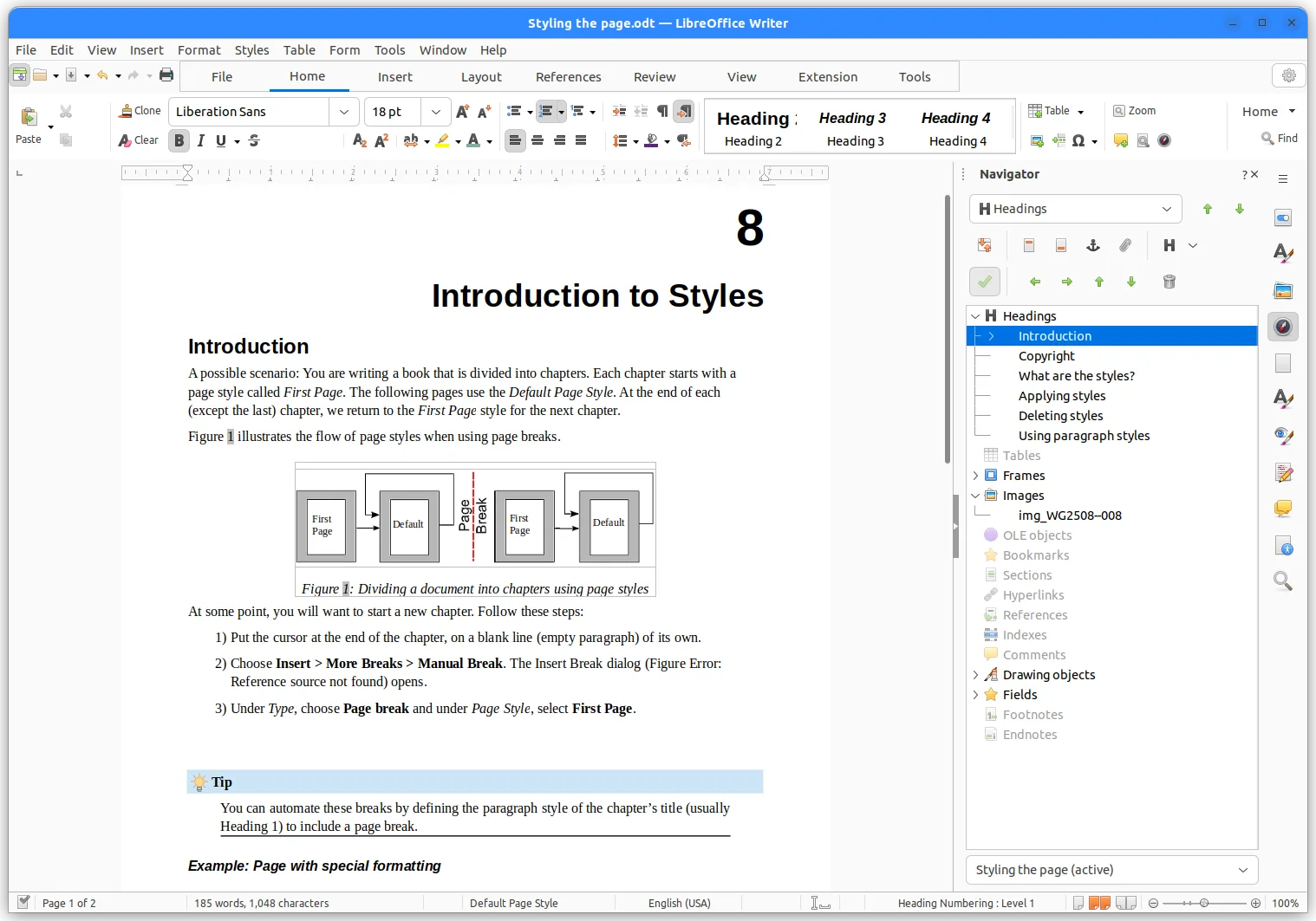 LibreOffice Writer editing a document about page styles, with formatting tools and a document outline.