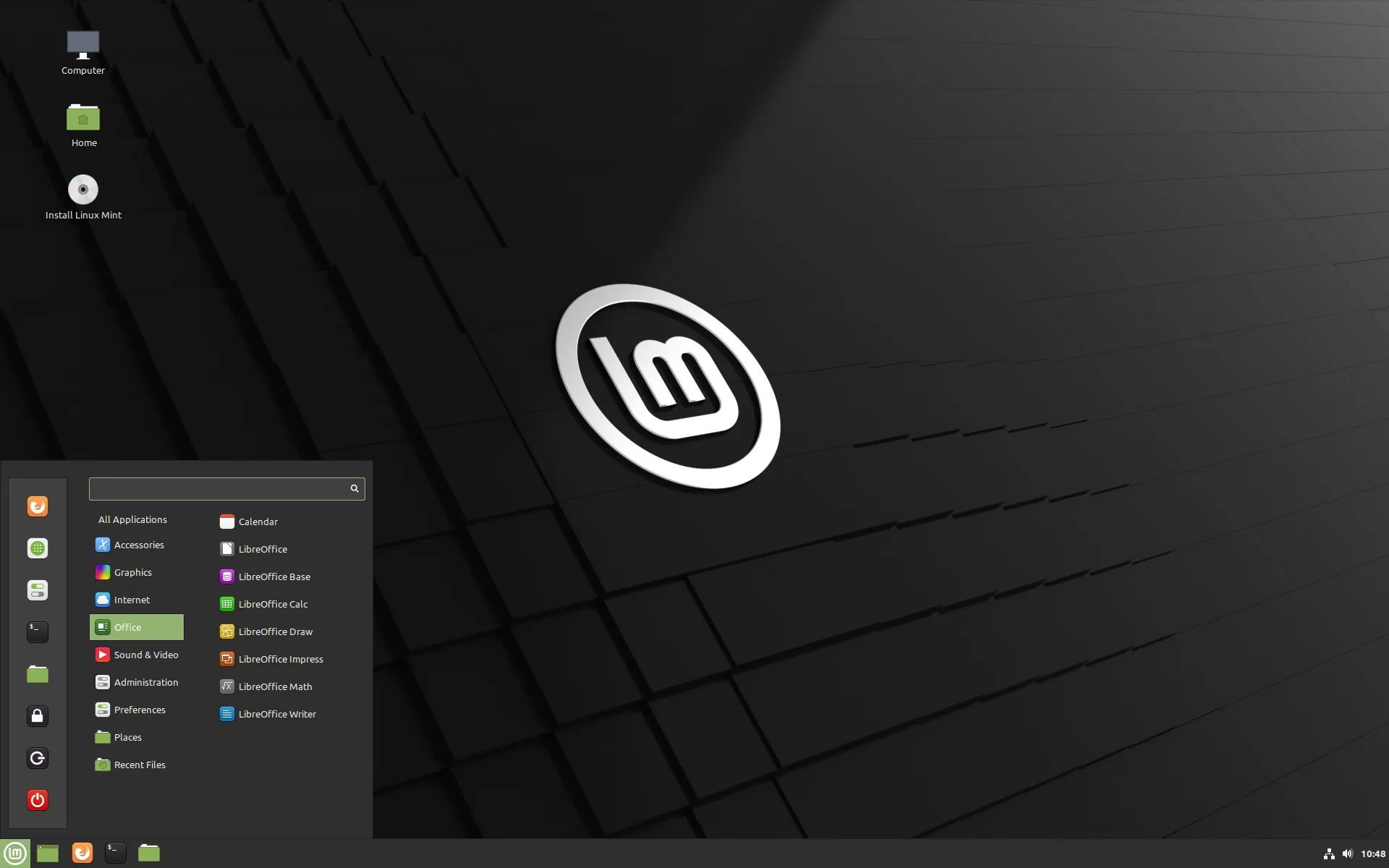 Linux Mint Cinnamon desktop with the app menu open and a taskbar along the bottom.