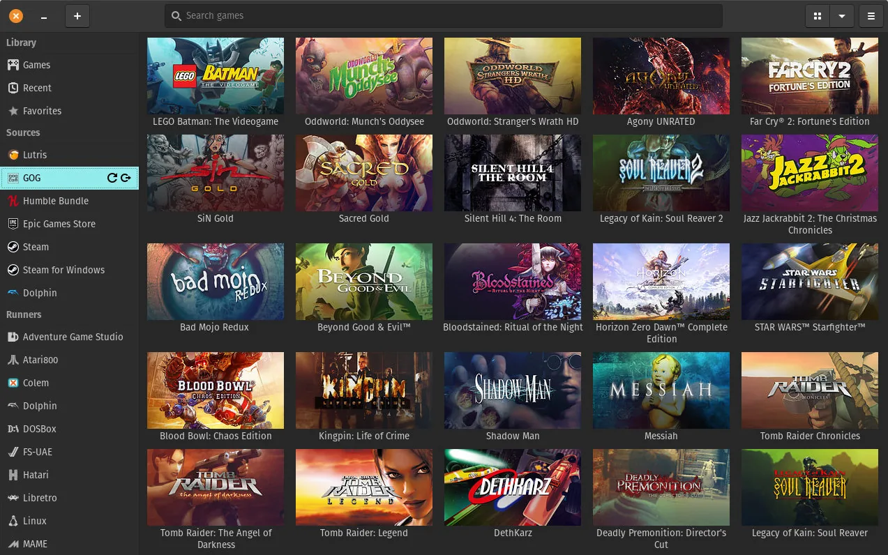 Lutris showing a library of games and its game sources in the sidebar.