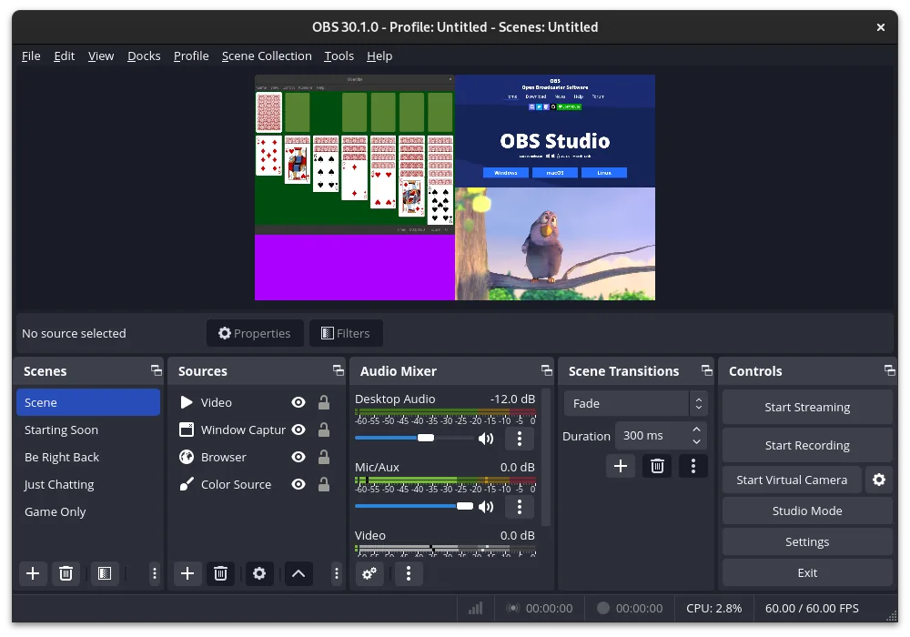 OBS Studio showing a preview made from several sources, with scenes, an audio mixer and recording controls below.
