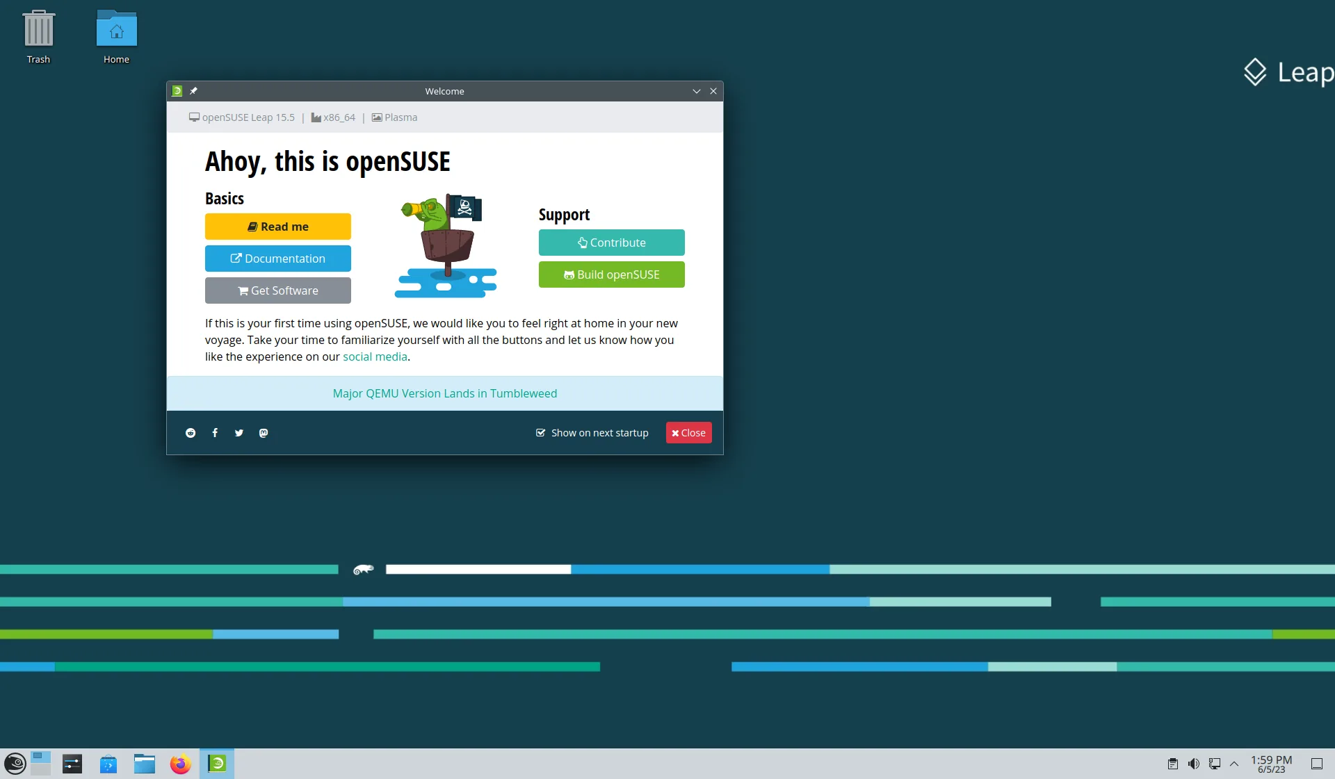 openSUSE Leap 15.5 KDE Plasma desktop with its welcome window open.