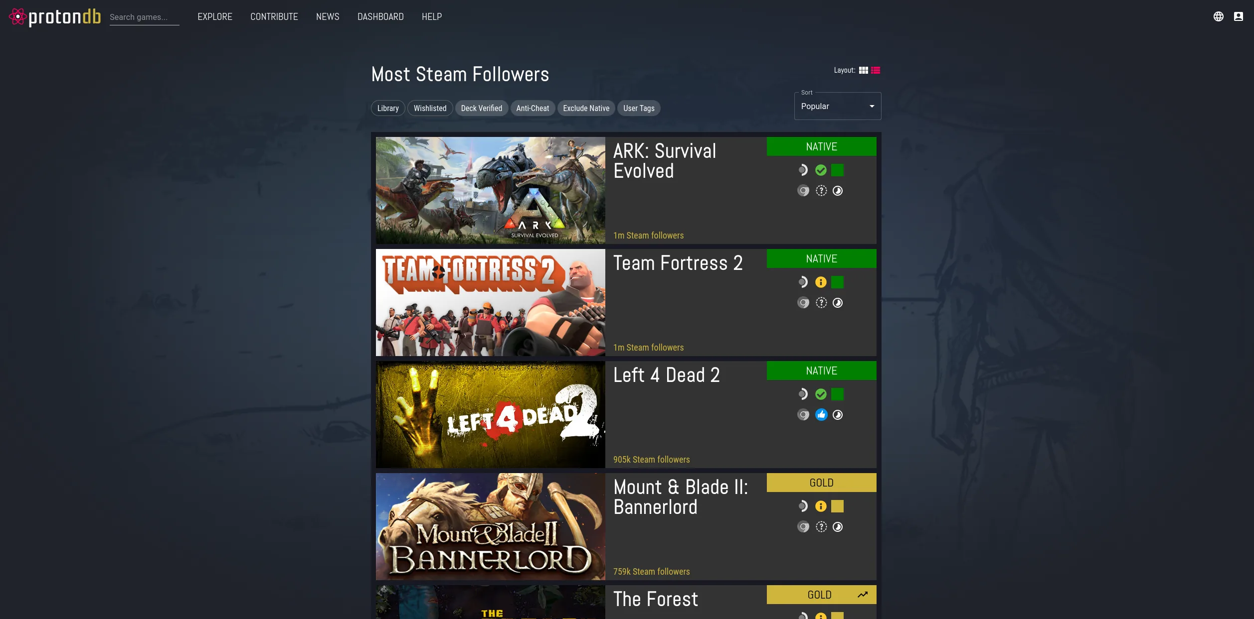 ProtonDB listing games with their Linux compatibility ratings.