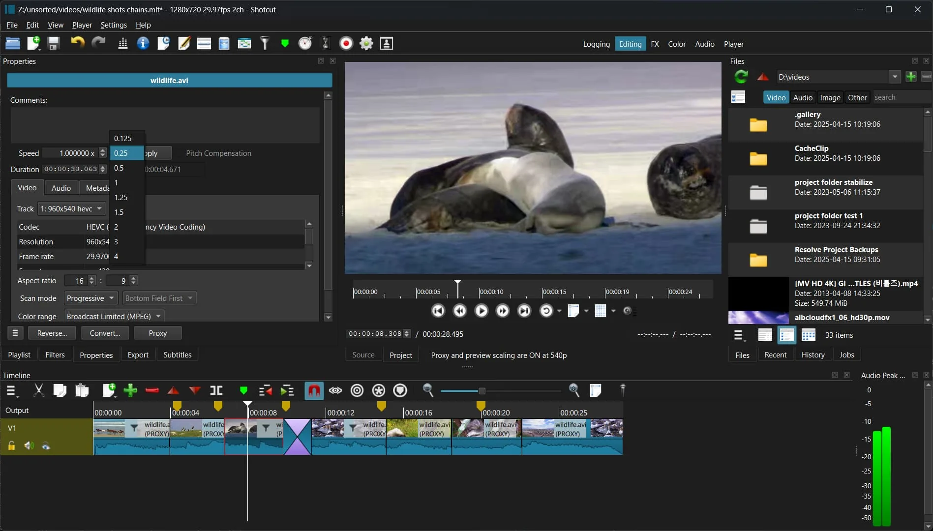 Shotcut editing wildlife footage, with a video preview, clip properties and a timeline.