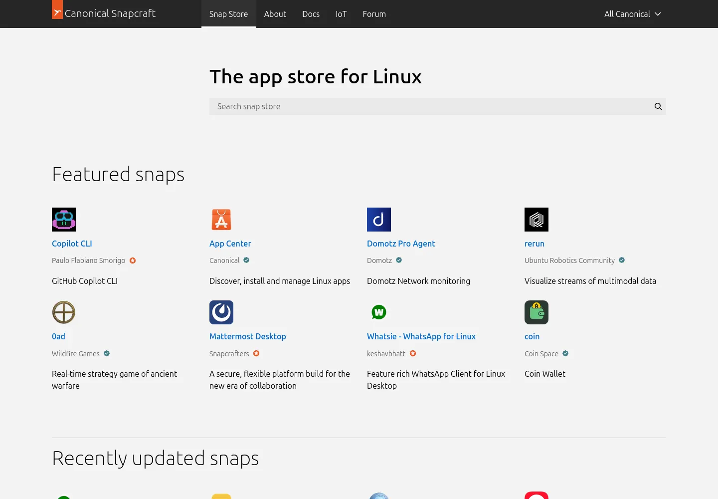 Snap Store homepage with an app search bar and featured apps.