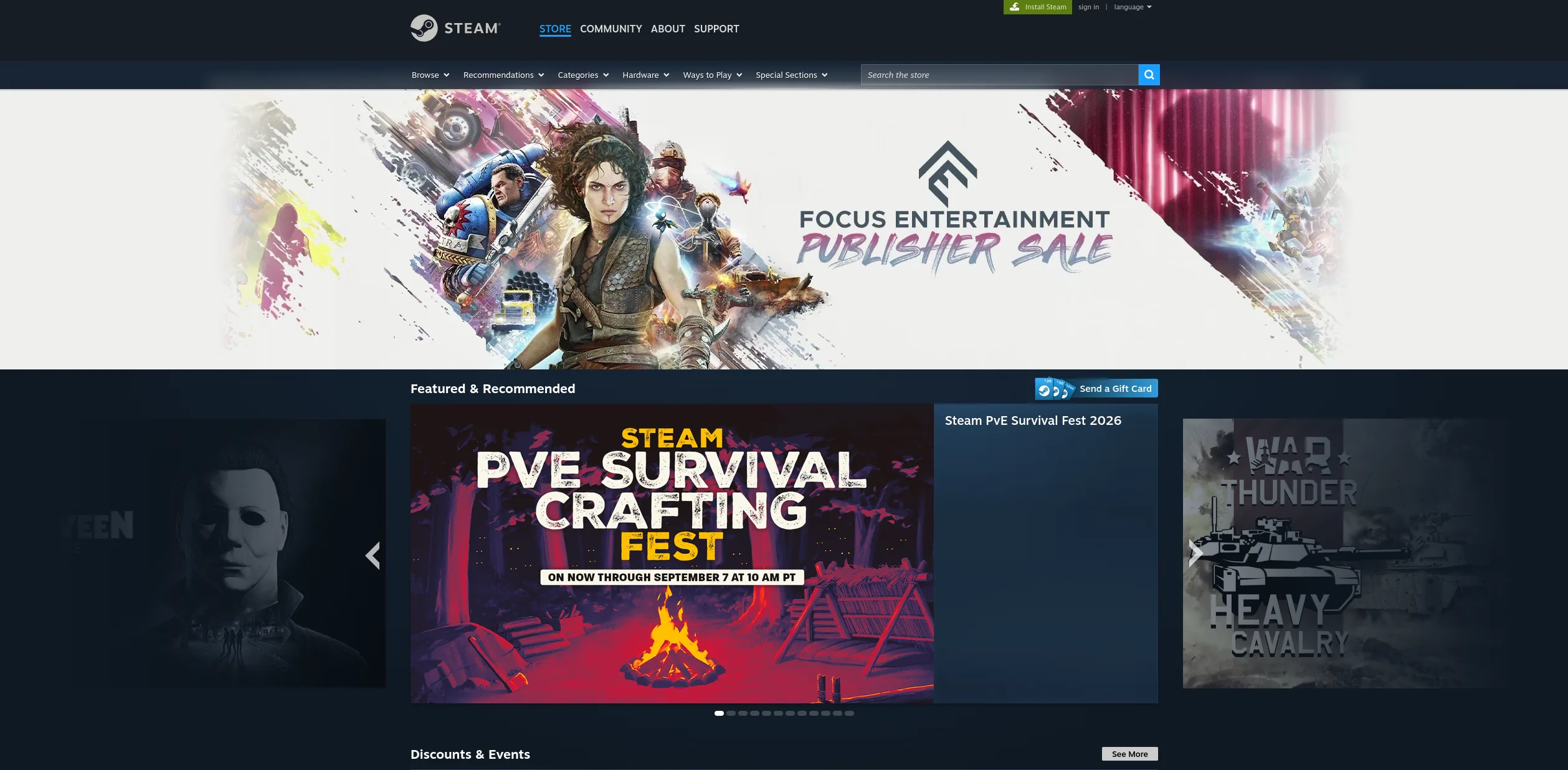 The Steam store showing featured games and sales.