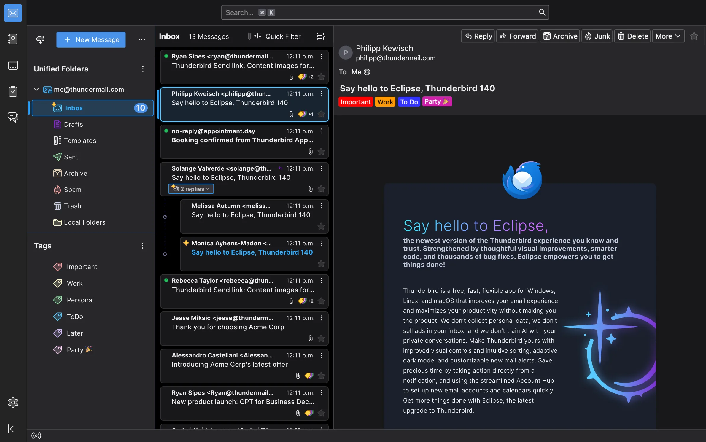 Thunderbird showing an inbox, message tags and an open email in a dark layout.