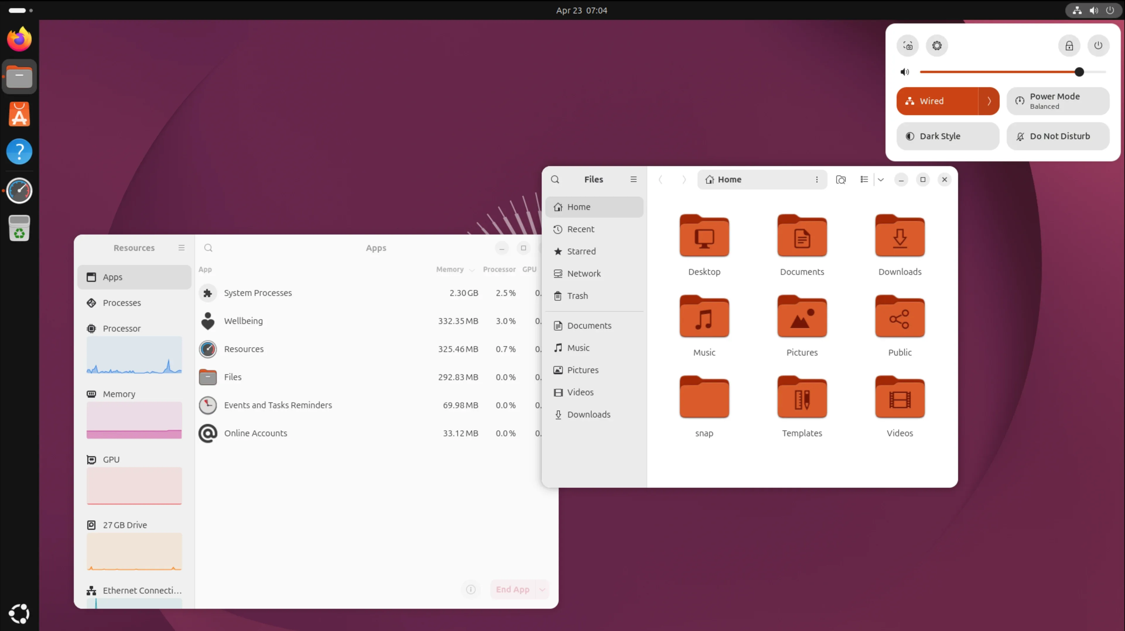 Ubuntu desktop with Files, Resources and quick settings open.