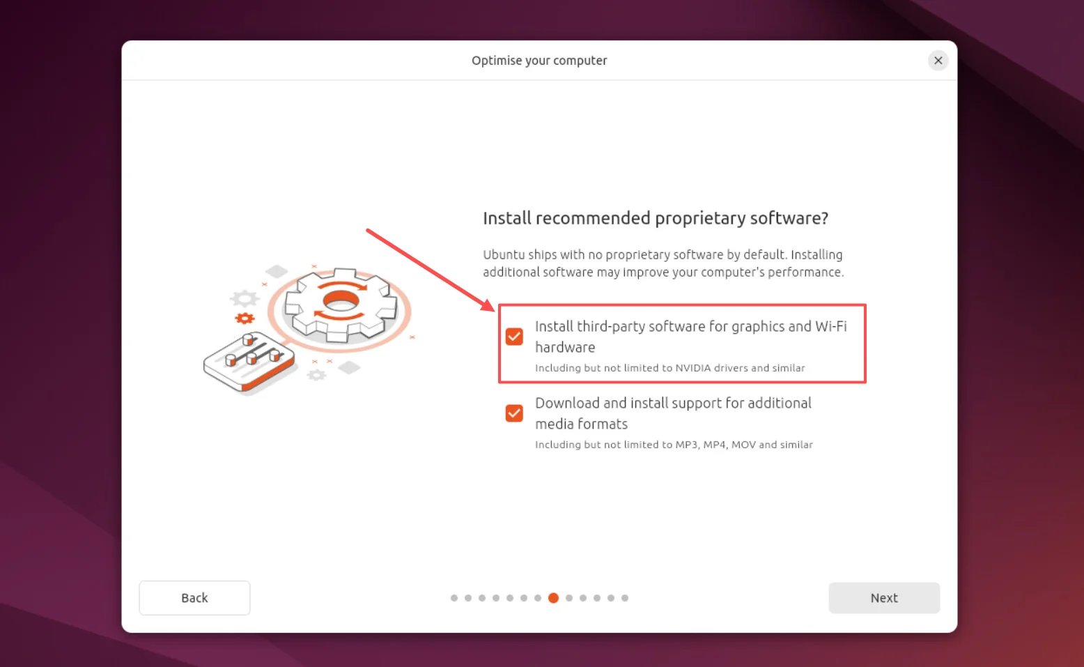 Ubuntu installer with the third-party graphics and Wi-Fi driver option highlighted.