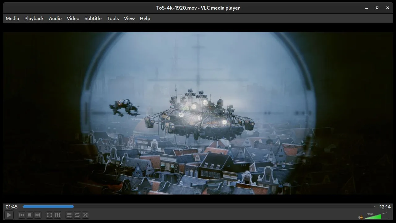 VLC playing a video, with playback controls, a timeline and volume adjustment.