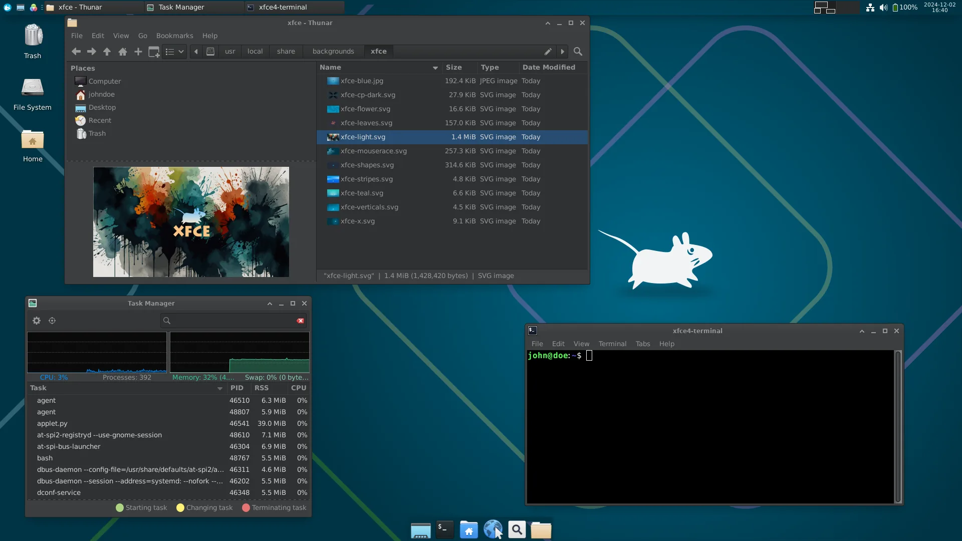 Xfce desktop with Thunar file manager, Task Manager and a terminal open.